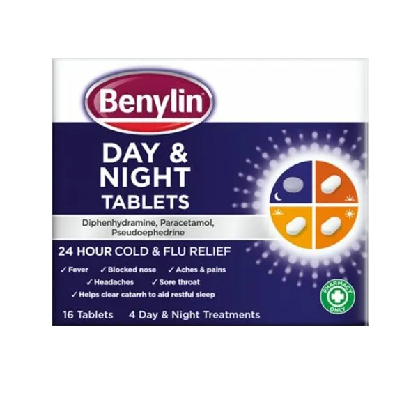 The Benylin 24 Hour Cold & Flu Day & Night Tablets (Pack of 16) offer 24 Hour Cold & Flu Relief and symptom icons like fever and sore throat. With diphenhydramine, paracetamol, and pseudoephedrine for congestion relief, this product is designed to help improve sleep and recovery.
