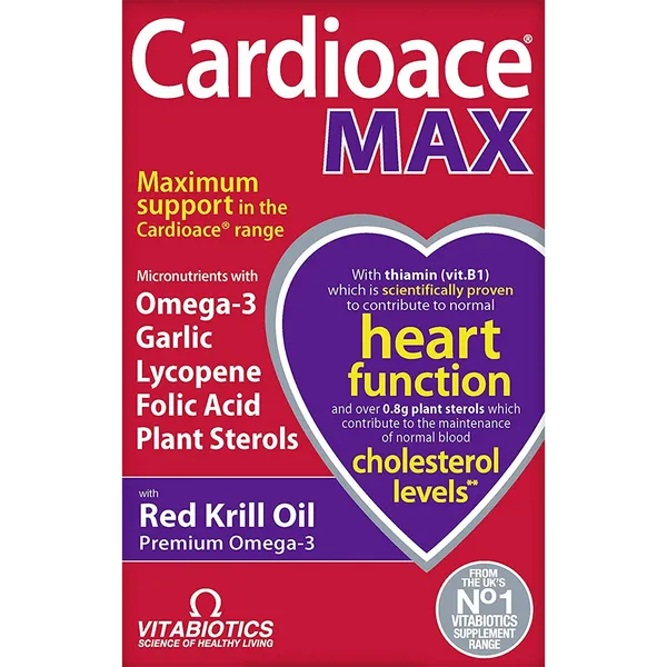 Vitabiotics Cardioace Max (84 Capsules) by Vitabiotics features an advanced heart health formula with Omega-3, garlic, lycopene, folic acid, and plant sterols. Its red and purple box highlights cholesterol and cardiac support.
