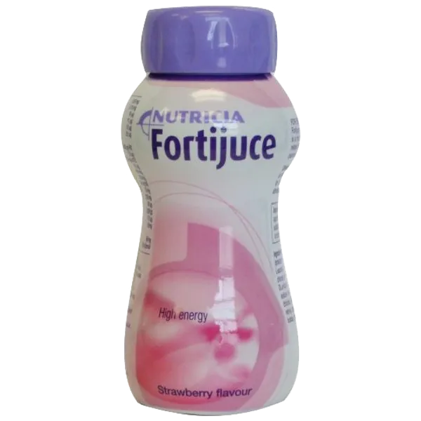 A compact cylindrical 200ml Nutricia Fortijuce Strawberry bottle features a purple cap, pink and white label displaying Fortijuce and Strawberry flavour; touting high energy, it provides essential vitamins and minerals as a dietary supplement.