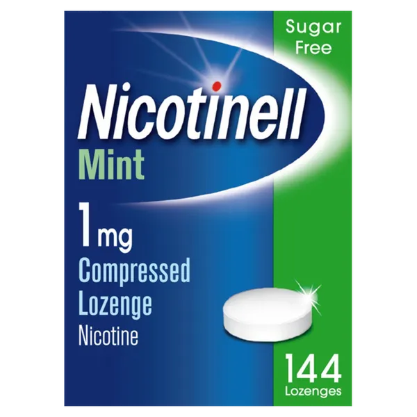 Nicotinell 1mg Lozenge Mint, a pack of 144 sugar-free lozenges, supports nicotine replacement therapy to aid in quitting smoking. The blue and green packaging highlights 144 lozenges and displays an image of a soothing mint lozenge.