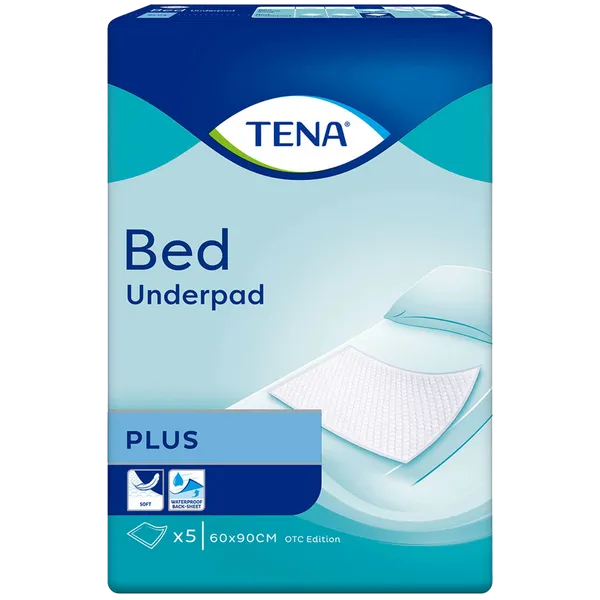 The Tena Bed Underpad Plus 60X90 (5 sheets) by Tena includes absorbent, disposable underpads with a waterproof back-sheet in blue and white packaging featuring product images and icons for softness and absorbency.