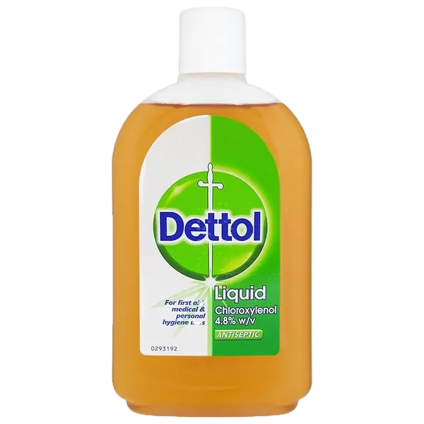 The Dettol Antiseptic Disinfectant Original (500ml) features a green and white label with the brand logo and sword emblem, containing 4.8% w/v chloroxylenol for effective germ protection. Its amber liquid provides reliable antiseptic disinfectant action.