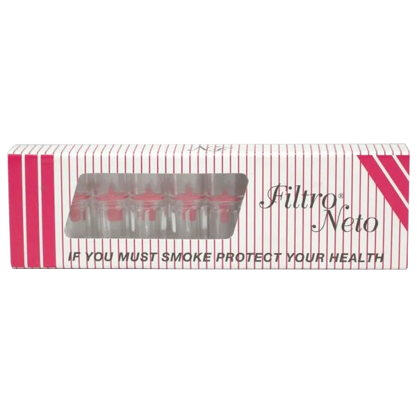 Filtro Neto Cigarette Filters feature a red and white striped box with IF YOU MUST SMOKE, PROTECT YOUR HEALTH, emphasizing tar reduction and a smarter choice for smokers.