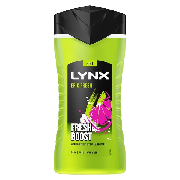 Lynx Epic Fresh Boost Shower Gel (225ml) features a vibrant green design with refreshing imagery of pink grapefruit and tropical pineapple. Enjoy an energizing head-to-toe wash with this Grapefruit & Tropical Pineapple Scent, labeled Fresh Boost.