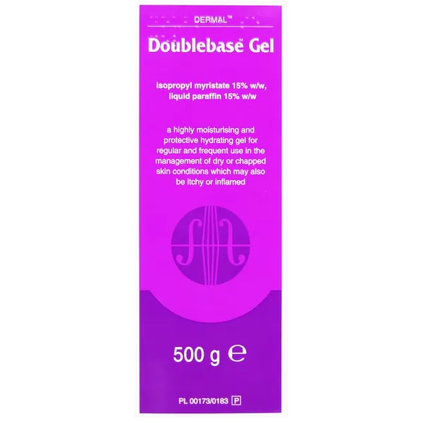 The pink and white label of Doublebase Gel Pump (500g) showcases its potent formula with 15% w/w isopropyl myristate and 15% w/w liquid paraffin. This moisturizing solution is ideal for managing dry skin associated with eczema or psoriasis. Brand: Doublebase.