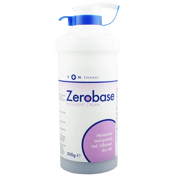 A 500g bottle of Zerobase Emollient Cream by T+R Derma, featuring a pump dispenser. This skincare essential is fragrance-free, moisturizing, and protects red, inflamed dry skin with a blue and purple design.