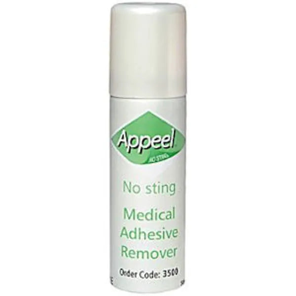 The Appeel No Sting Medical Adhesive Remover, a 50ml white spray can with a green logo, is ideal for sensitive skin due to its gentle silicone formula. Order code: 3500.