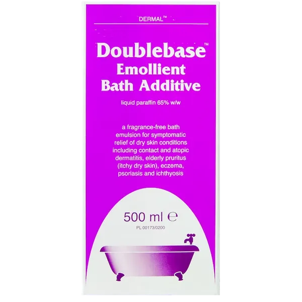 The image shows a purple and white label for Doublebase Emollient Bath Additive (500ml), crafted to soothe eczema and dry skin. This fragrance-free bath emulsion contains 65% w/w liquid paraffin for effective relief.