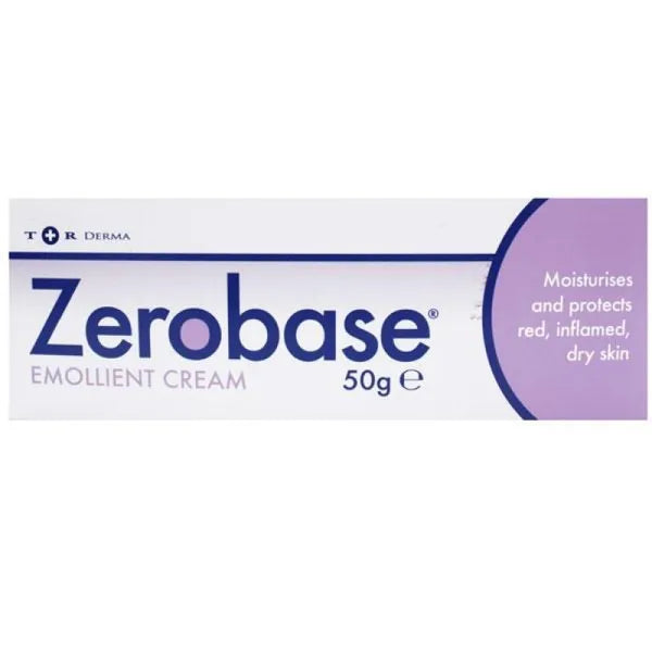 The 50g Zerobase Emollient Cream by T+R Derma features white packaging with purple accents, ideal for moisturizing and protecting red, inflamed, dry skin. Also suitable for sensitive skin.