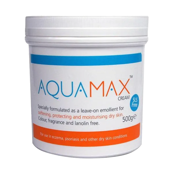 A 500g tub of Aquamax Sls Free Cream by AquaMax features a white and blue label. It emphasizes its natural moisturizing action as an emollient for dry skin conditions like eczema and psoriasis, noted to be SLS free.