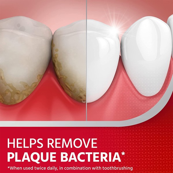 Illustration of teeth with plaque on the left and clean teeth on the right against a red backdrop. Text at the bottom reads Corsodyl Daily Mouthwash Cool Mint (500ml): For Better Oral Health.