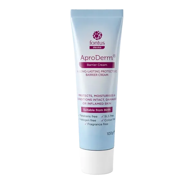 Aproderm Barrier Cream (100g) by Fontus features a light blue tube with a white cap. Suitable from birth, it highlights skin protection benefits and is free from parabens, SLS, colors, and fragrance—ideal for incontinence needs.
