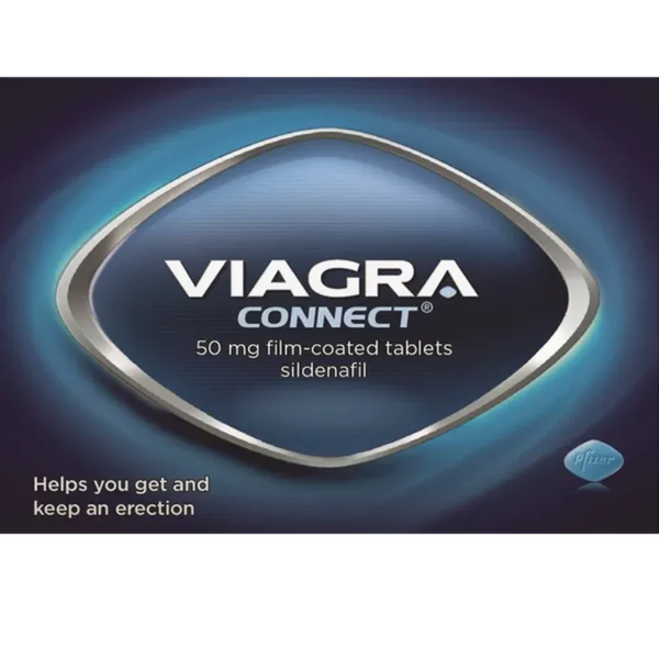 The image shows a Pfizer Viagra Connect package featuring 50 mg sildenafil film-coated tablets. Set against a dark blue background, it highlights how this erectile dysfunction treatment aids in getting and maintaining an erection.