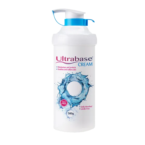 The Ultrabase Emollient Cream (500ml) features a white bottle with a blue and white pump, displaying a water splash graphic. It highlights moisturizing and soothing properties for dry skin, is SLS free and lanolin free.