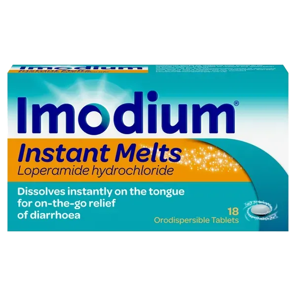 Image of an Imodium Instants package, displaying blue and white branding. It includes 18 orodispersible tablets featuring Loperamide Hydrochloride for fast diarrhea relief, dissolving instantly on the tongue.