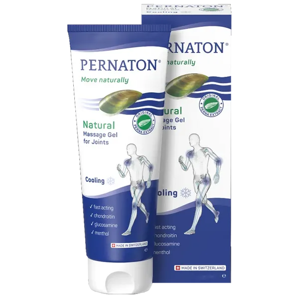 A 250ml tube and box of Pernaton Natural Cooling Gel, with blue graphics of a runner and Green Lipped Mussel, showcasing cooling effects, natural ingredients, and joint health benefits on the packaging.