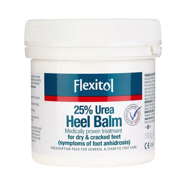 Flexitol Heel Balm (500g) provides intensive care with 25% Urea, effectively treating dry, cracked heels and foot anhidrosis symptoms. Its ideal for general and diabetic foot care.