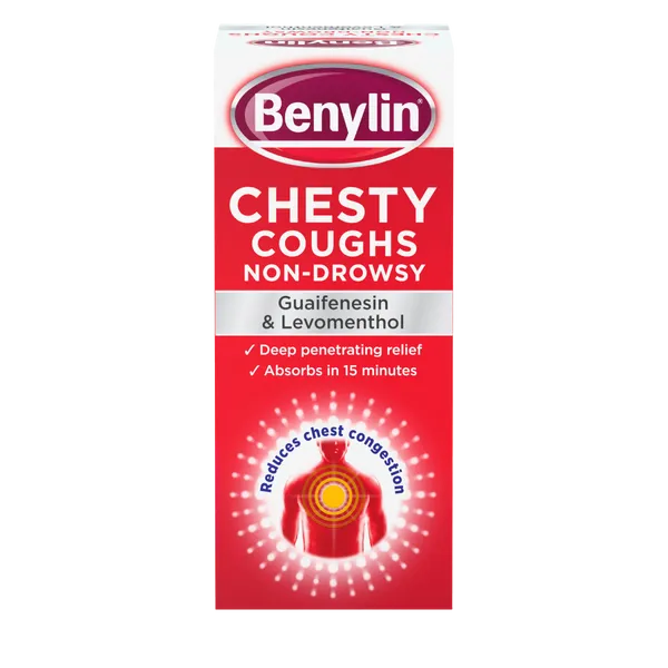 The Benylin Chesty Cough Syrup Non Drowsy (150ml) box in red and white offers deep relief against chest congestion with Guaifenesin and Levomenthol, ensuring quick absorption in 15 minutes without drowsiness. An image of lungs emphasizes its efficacy.