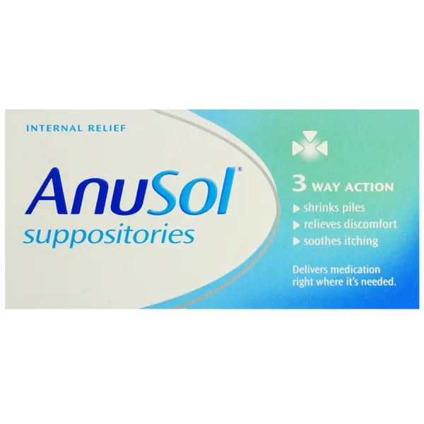 The Anusol Suppositories (24 Pack) packaging displays the Anusol brand name in blue on a green-to-blue gradient background, emphasizing 3 way action to shrink piles, relieve discomfort, and soothe itching for internal relief from haemorrhoids.