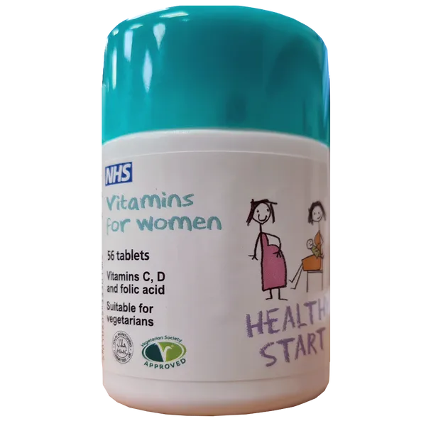 The bottle of Healthy Start Vitamins for Women 56 Tablets, with a turquoise cap and playful illustrations including pregnant women, contains Vitamins C, D, and folic acid. Its part of the national Healthy Start scheme and marked Suitable for vegetarians and NHS Approved.