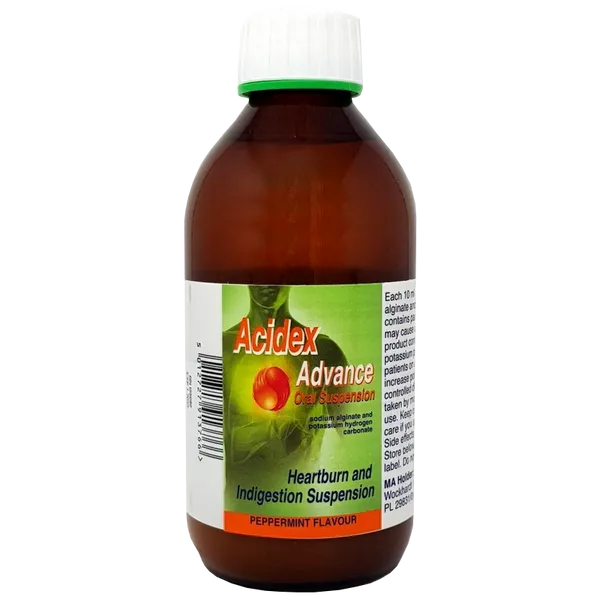 A 500ml brown bottle of Acidex Advance Peppermint Liquid with a white cap and green-and-white label, displaying Heartburn and Indigestion Suspension for soothing acid reflux relief in a refreshing peppermint flavor.