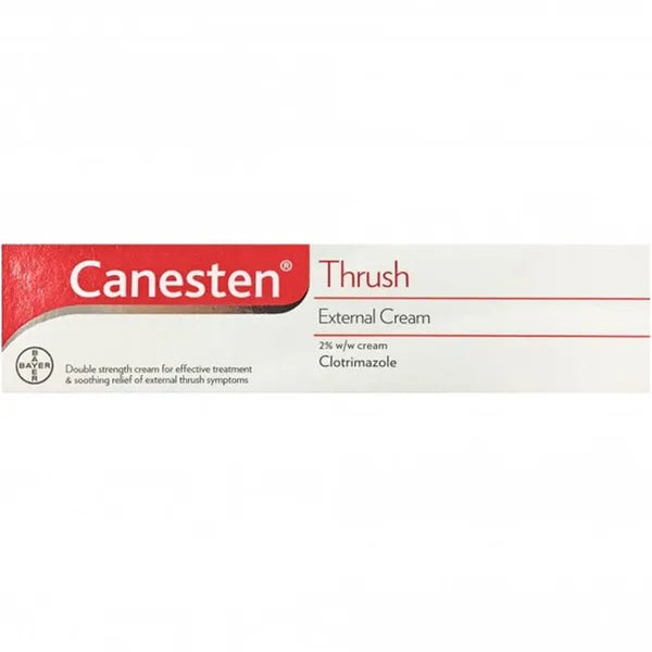 Canesten 2% Thrush Cream (20g), in red and white packaging, contains 2% w/w clotrimazole. This powerful antifungal provides effective treatment and relief for external thrush symptoms.