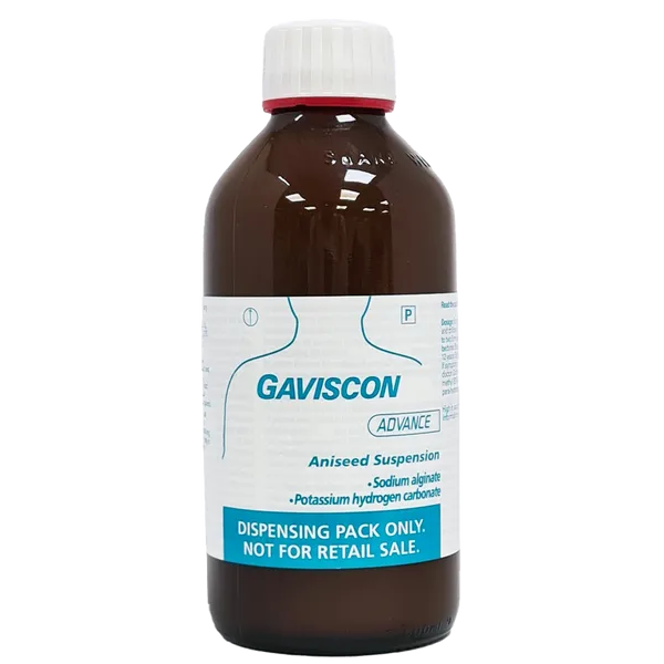 The 500ml bottle of Gaviscon Advance Aniseed Suspension by Gaviscon has a brown color with a white cap. The label lists sodium alginate and potassium hydrogen carbonate for acid reflux relief and states Dispensing Pack Only, Not for Retail Sale.