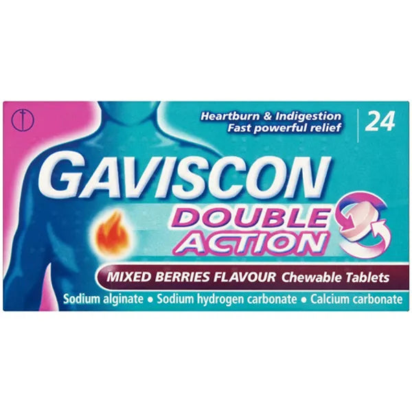 Gaviscon Double Action Chewable Tablets - Mixed Berries (24 count) provide relief for heartburn and indigestion. The packaging features a chest silhouette with a fire icon to emphasize efficacy. Ingredients include sodium alginate, sodium hydrogen carbonate, and calcium carbonate.