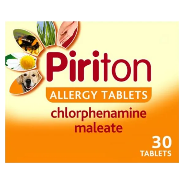 Image of a Piriton Allergy (30 Count) box from Piri. The packaging is yellow and orange with illustrations of allergens like flowers, a dog, and dust mites around Piriton. Contains chlorphenamine maleate.