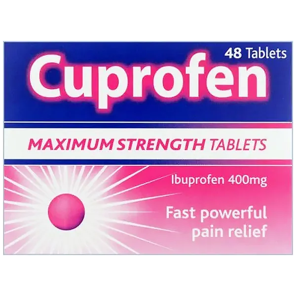 Image of a Cuprofen Ibuprofen Tablets 400mg box highlighting its blue and pink packaging, 48 Tablets, Maximum Strength, and Fast powerful pain relief for effective pain relief.