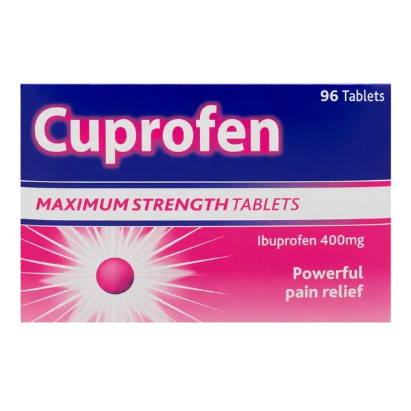 The image showcases Cuprofen Ibuprofen Tablets 400mg by Cuprofen, containing 96 tablets. The design features a dynamic blue and pink burst with the slogan Powerful pain relief.