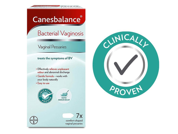 A box of Canesbalance Bacterial Vaginosis Vaginal Pessaries (7 pessaries) sits beside a Clinically Proven badge, with packaging promoting rapid odor relief, a gentle formula, and improved vaginal health from Canesbalance.