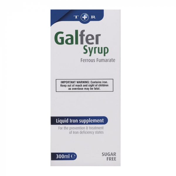 Galfer Syrup Ferrous Fumerate (300ml) by Galfer is a sugar-free liquid iron supplement for iron deficiency anaemia, with an iron warning label on the front.