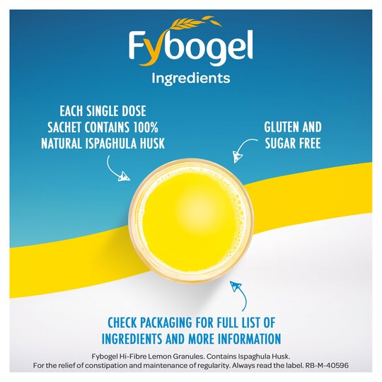 On a blue and yellow background, Fybogel Hi-Fibre Drink For Constipation - Lemon (10 Sachets) catches the eye. Each sachet provides 100% natural Ispaghula Husk and is gluten-free and sugar-free. Refer to packaging for more details.