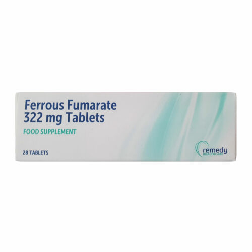 Box of Ferrous Fumerate 322mg Tablets (28), a food supplement from Generic, supports red blood cells and addresses iron deficiency anemia. It comes in a sleek white and light green package.