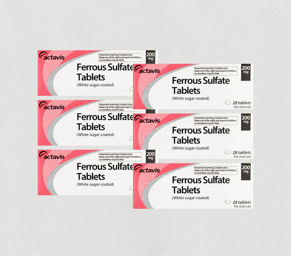 Ferrous Sulfate 200mg Tablets - Accord Brand (6 x 28), white and pink tablets used for iron supplementation and anemia treatment.