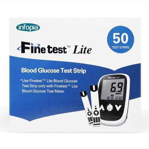 The image shows a white and blue box of Infopias Finetest Lite Glucose Test Strips, containing 50 strips, featuring a digital glucose meter with a 6.9 reading, essential for effective diabetes management.