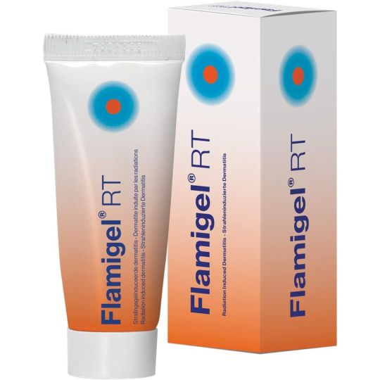 Flamigel RT Hydro-Active Colloid Gel (100g) by Flamigel is designed for radiotherapy-induced dermatitis. The tube has a white-to-orange gradient with blue text and a circular blue/orange logo, while the box mirrors these design elements.