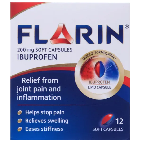 Flarin Ibuprofen 200mg (12 Soft Capsules) offers joint pain and inflammation relief with its unique lipid formulation. It reduces swelling, eases stiffness, and stops pain, making it an effective choice for managing discomfort.