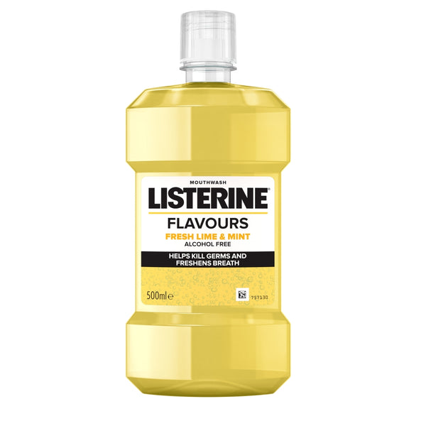 A 500ml yellow bottle of Listerine Mouthwash Lime and Mint - Alcohol free supports gum health, kills germs, reduces plaque, and freshens breath.