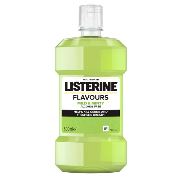 Listerine Mouthwash Mild and Minty - Alcohol free (500ml) by Listerine is a green, alcohol-free mouthwash that kills germs, freshens breath, and improves oral hygiene daily with a mild, minty flavor—ideal for fighting bad breath.