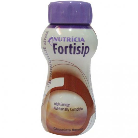 The 200ml Nutricia Fortisip Juice Chocolate Flavour bottle features a High Energy, Nutritionally Complete label and a purple cap, highlighted by its sleek white and brown design.