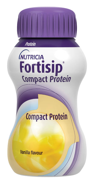 A Nutricia Fortisip Compact Protein Vanilla bottle, featuring a purple cap and a label with Compact Protein and Vanilla flavour, highlights its nutritional benefits with a distinctive yellow circle design.