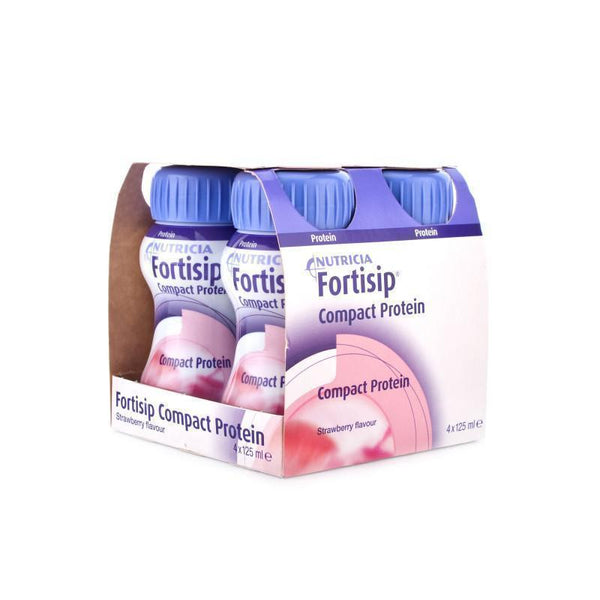 Nutricias Fortisip Compact Protein Strawberry (4X125ml) packs four bottles each containing 125 ml, enhancing your protein intake. The mostly white and blue packaging is accented with purple and displays strawberry images alongside product details.