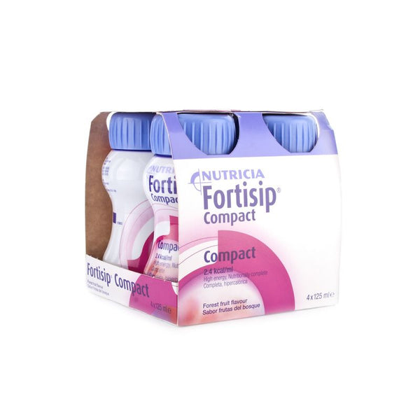 A four-pack of Fortisip Compact Forest Fruits (125 ML X 4) with white packaging and pink/purple accents. Each bottle is a convenient food supplement intended for use under medical supervision.
