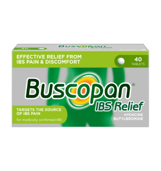 A green and white box of Buscopan IBS Relief (20 Tablets) displays Effective relief from IBS pain & discomfort, targeting abdominal cramps and IBS pain.