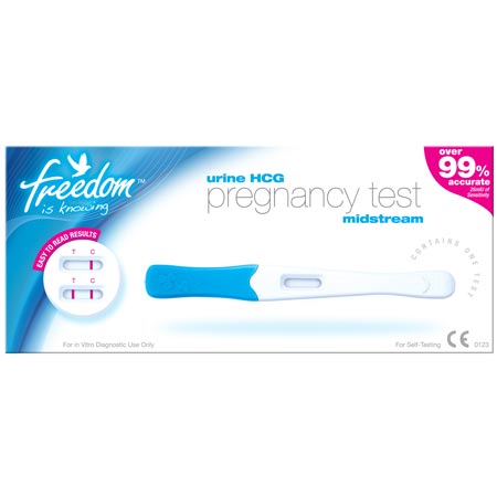 The Freedom Urine HCG Pregnancy Test Midstream (1 Test) by Freedom features a test stick, shows sample results, and comes in white and blue packaging that claims over 99% accuracy in detecting the HCG hormone.