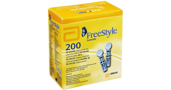 A yellow box of Abbotts Freestyle Lancets, 28g/0.5mm, showcasing a butterfly logo and the number 200. Compatible with most lancing devices, two lancets are shown on the front with the Abbott logo at the bottom-right corner.