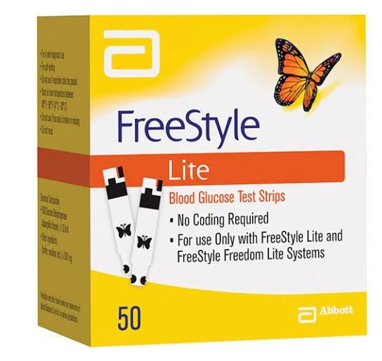 Image of a Freestyle Lite Test Strips (50) box by Abbott, crucial for diabetes management. The yellow packaging features red accents and a butterfly, emphasizing No Coding Required. Compatible with blood glucose meters such as FreeStyle Lite and Freedom Lite. Contains 50 strips.