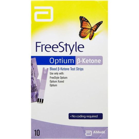 The image displays a box of Abbotts FreeStyle Optium Ketone Test Strips (10s) with a white background, yellow and blue design, and a butterfly. No coding required is highlighted.
